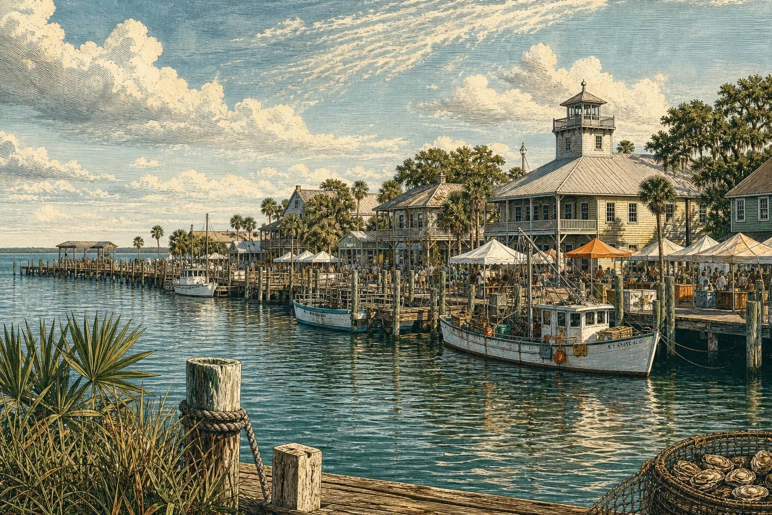 Illustrated Cedar Key waterfront with fishing boats and seafood festival tents