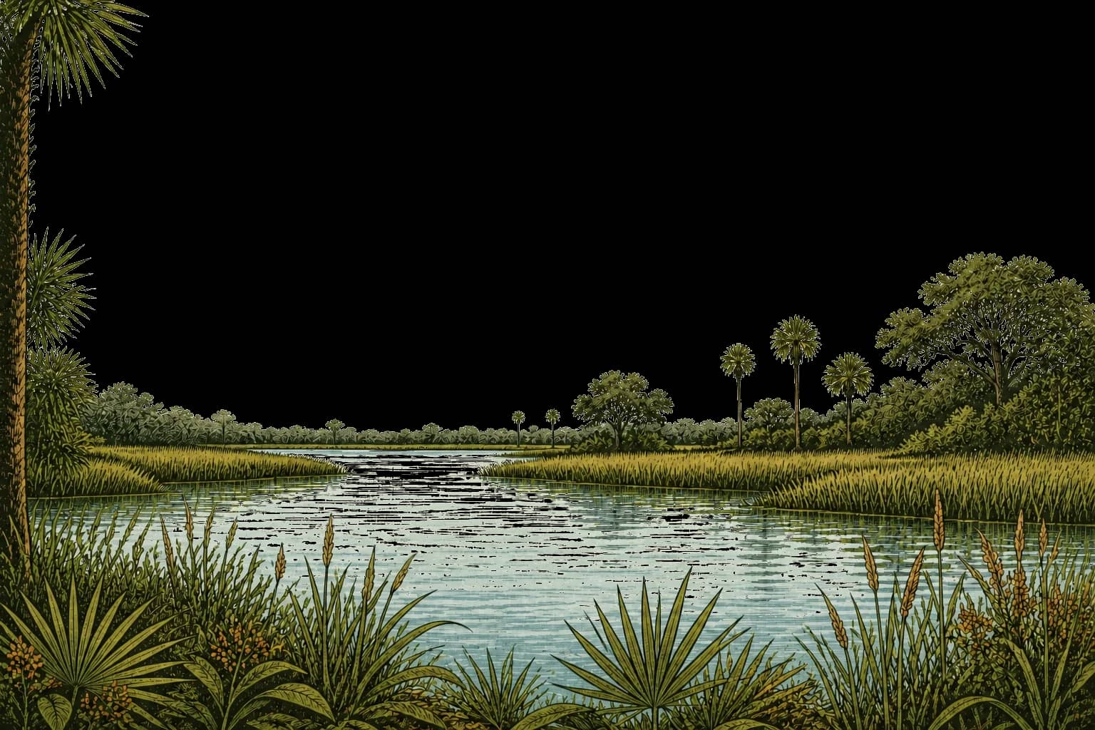 Vintage field-guide illustration of a Florida wetland landscape
